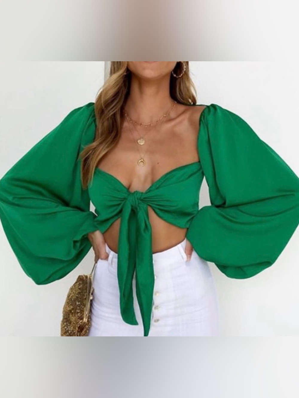 TOBY HEART GINGER Sleepwalking Green Tie Front Crop Top Size Small Drape Slv